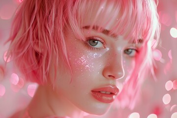 Close-up portrait of a young woman with pink hair and glitter makeup, creating a dreamy and whimsical look.
