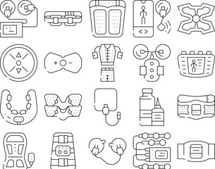 Ems Training Device Collection Icons Set Vector. Stimulator With Strap And Suction Cups, Massager For Feet And Stimulant For Press Ems Training Contour Illustrations