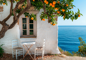 A lonely full of fruits orange tree on a greek coast cliff, old white greek house, old white chairs and table