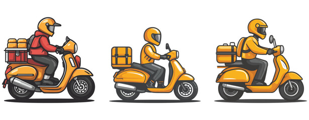 deliveryman riding scooters with delivery boxes, courier delivery cartoon, generative ai
