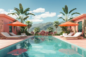 Obraz premium Serene and luxurious courtyard with a turquoise swimming pool surrounded by lush tropical plants and comfortable lounge chairs.
