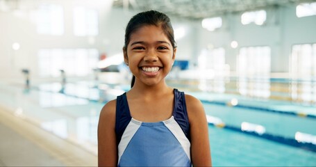 Girl, child and happy with portrait by pool for indoor swimming lessons, skill development and...