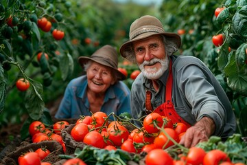 Fototapeta premium Elderly couple harvesting ripe tomatoes in a lush garden during sunny afternoon
