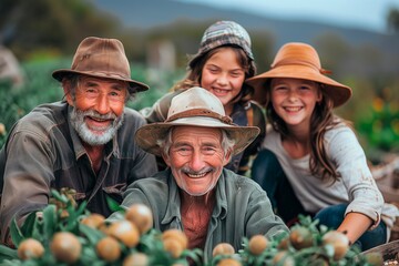 Four generations of farmers smiling together in a green field on a sunny day