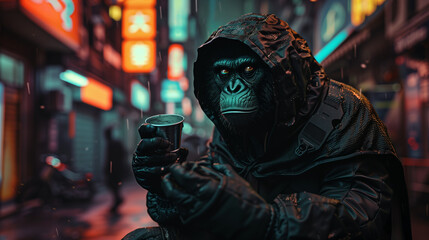 Fototapeta premium Hooded figure with ape mask in dark rain-soaked alley, illuminated by neon signs