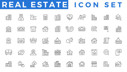 Real Estate minimal Line vector illustration. Housing, property, home loan, mortgage, icons set