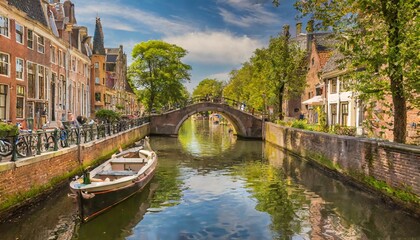 Fototapeta premium Historic Canal with Charming Old Boats and Bridges