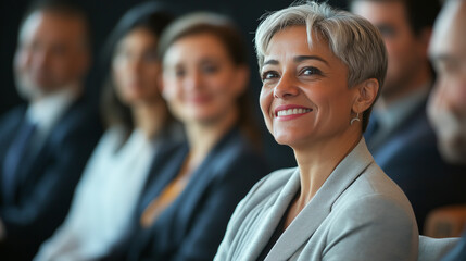 Obraz premium Professional Woman Smiling While Sitting Among Colleagues At Business Conference
