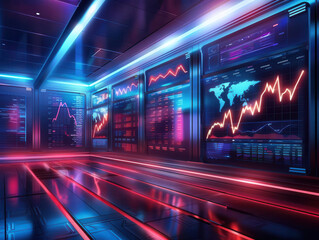 Fototapeta premium Futuristic stock market floor with GDP indicators, advanced technology, bustling activity, vibrant and dynamic.