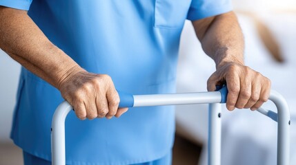 Caregiver Assisting Elderly Individual Using Walking Frame in Bright Room