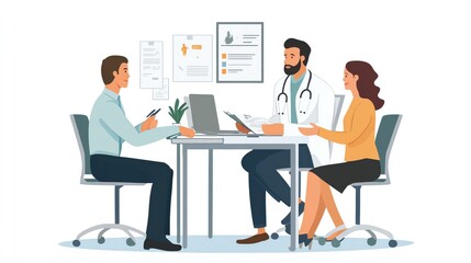 A healthcare consultation scene with a doctor discussing treatment options with a patient and caregiver at a modern desk.
