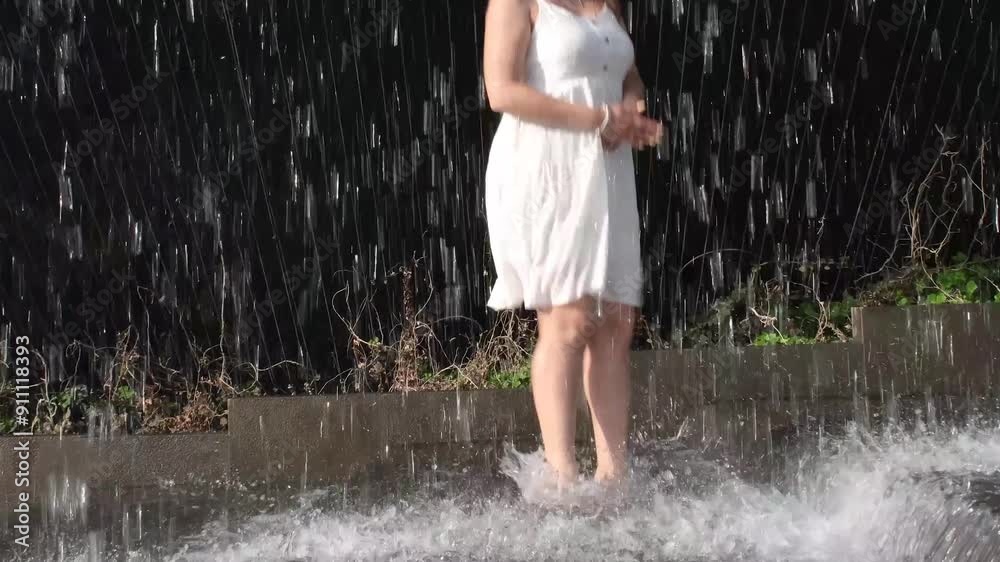 Wall mural summer fun. woman wearing white summer dress dancing in fountain