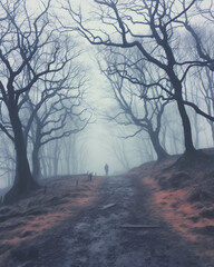 A walk in late autumn along the road through a park with large bare trees standing in the fog