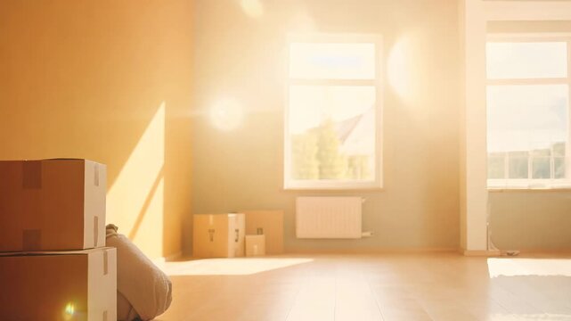 Clean empty room with stack of cardboard boxes, moving into a new house concept.