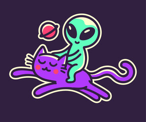 alien riding a purple cat, funny cute vector doodle illustration
