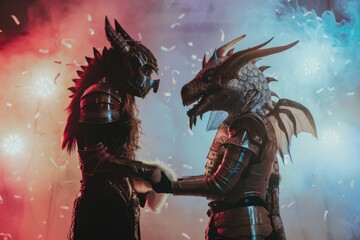 Naklejka premium Fantasy Warrior and Dragon Character Cosplay Scene with Dramatic Lighting and Smoke Effects
