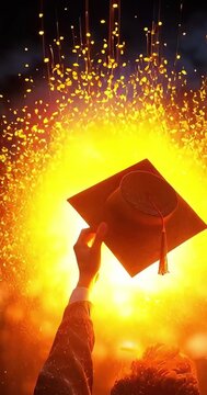 Young man throwing a graduation cap into the air in the rain.