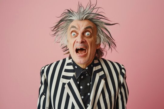 Eccentric Man in Striped Suit on Pink Background - Quirky Expression for Design or Humor Projects
