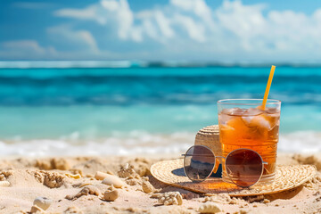 Summer beach leisure holidays :A beach-themed background with sunglasses, hat and a glass of lemonade on the sand