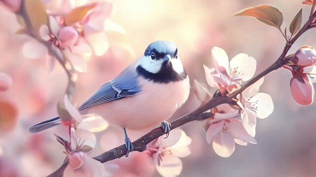 Blue titmouse bird on cherry blossom branch in sunny day. The illustration may differ from the real bird