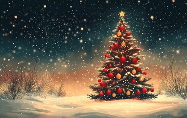 Obraz premium A beautifully decorated Christmas tree stands in a snowy landscape, illuminated by soft lights and surrounded by falling snowflakes.