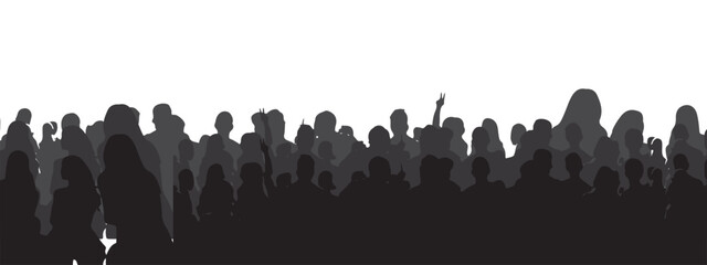vector silhouette of a crowd of people watching a music concert in front of the stage with cheering and waving hands, suitable for poster, banner or advertising elements for concerts and parties