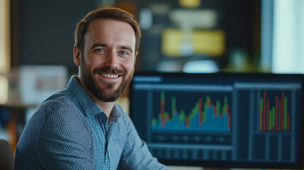 Fototapeta premium Young Professional Smiling While Analyzing Data on Computer With Colorful Graphs at Office in Daytime