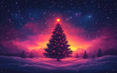 Obraz premium A beautifully lit Christmas tree stands majestically amidst a snowy landscape under a starry night sky, creating a magical winter scene.