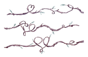 Tree branches heart shaped watercolor illustration isolated. Intertwined branches with delicate green leaves, forming artistic shapes and patterns hand drawn. Elements for natural designs, Valentine.