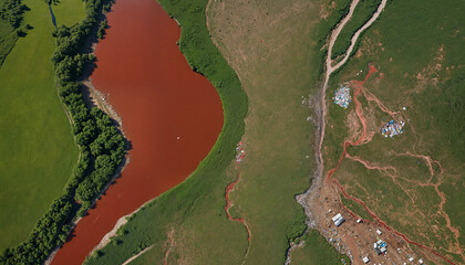 Fototapeta premium Aerial view of a contrasting landscape featuring a red river, green fields, and signs of environmental change, suitable for ecological and agricultural themes.