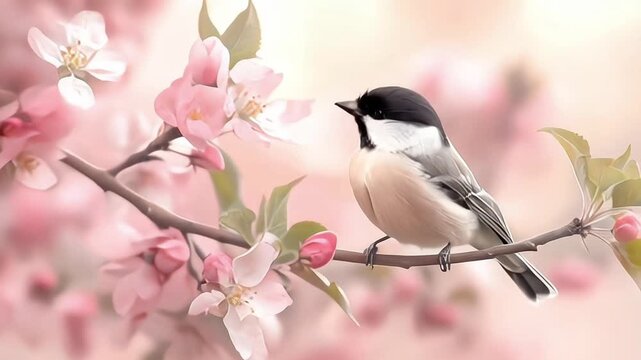 Blue titmouse bird on cherry blossom branch in sunny day. The illustration may differ from the real bird