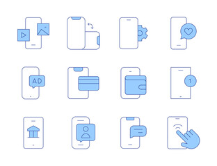 Smartphone icons. Line Duotone style, editable stroke. smartphone, online marketing, credit card, digital wallet, orientation, online banking, content marketing, chat, love message, videocall
