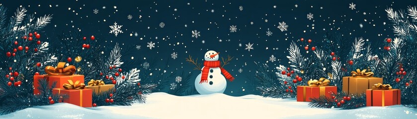 Fototapeta premium A cheerful snowman surrounded by colorful gifts, set against a snowy background with falling snowflakes, creating a festive winter scene.