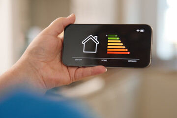 Home Automation Control Displaying Energy Levels for Smart Devices in a Living Room Setting