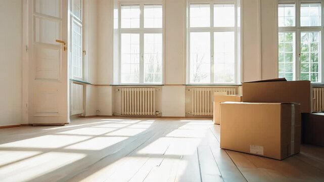 Clean empty room with stack of cardboard boxes, moving into a new house concept.