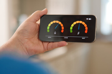 Person Checking Energy Consumption and Water Usage Levels on Smartphone Display