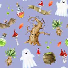 Halloween spooky decor elements seamless pattern. Hand drawn ghosts, magic potion bottle, bat, toadstool, mandrake. Halloween seamless pattern for textile, wallpaper, printing on purple background