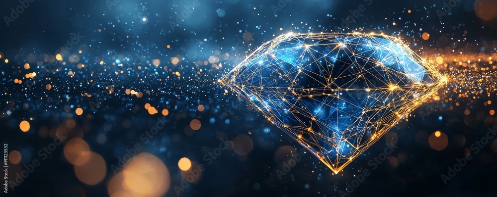 Canvas Prints digital wireframe diamond glowing with blue and yellow lights on a dark sparkling background