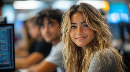 Students Collaborate on Coding Project in Modern Computer Lab During Afternoon Study Session