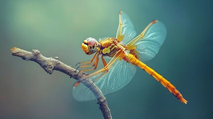A Yellow Dragonfly Perched on a Branch