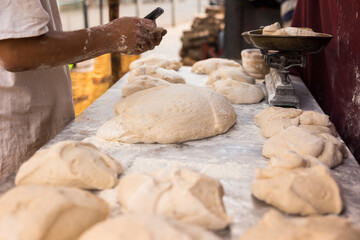 Yeast dough on baking table. cooking process