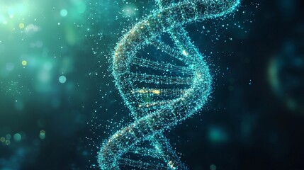 Detailed wireframe illustration of a DNA strand with glowing connections on a dark background