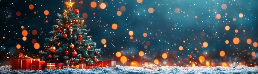 A festive Christmas scene featuring a beautifully decorated tree, glowing lights, and gifts, evoking holiday cheer and warmth.