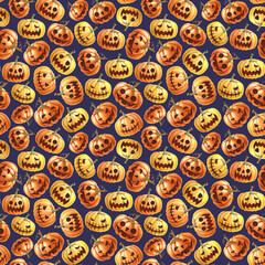 Halloween smiling spooky pumpkins seamless pattern. Watercolor illustration. Hand drawn orange scary Halloween pumpkin heads on dark background. Holiday backdrop for wrapping, fabric, textile