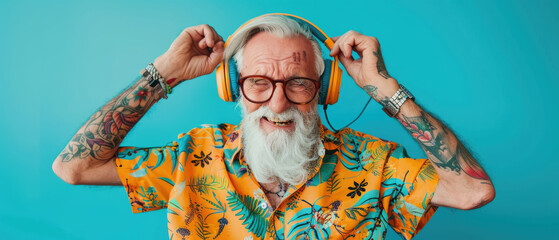 Happy senior man with headphones and tattooed arms dancing on blue background, portrait of a cool hipster old person in colorful laughing while listening to music