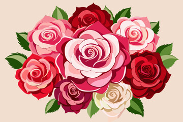  Illustrate an elegant bouquet of roses in different shades of red, pink, and white, showcasing the intricate details of each petal and thorn