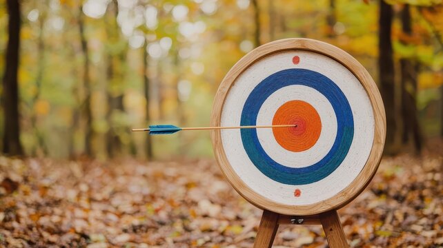 Archery target in a forest clearing, arrows hitting the bullseye, vibrant autumn foliage, outdoor skill practice