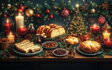 Fototapeta premium A festive holiday table setting featuring delicious baked treats, candles, and a beautifully decorated Christmas tree.