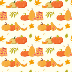 Autumn background with pumpkins and leaves