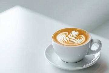 elegant latte art in a pristine white cup against a clean background sharp focus on intricate foam design soft lighting enhances the richness of the coffee